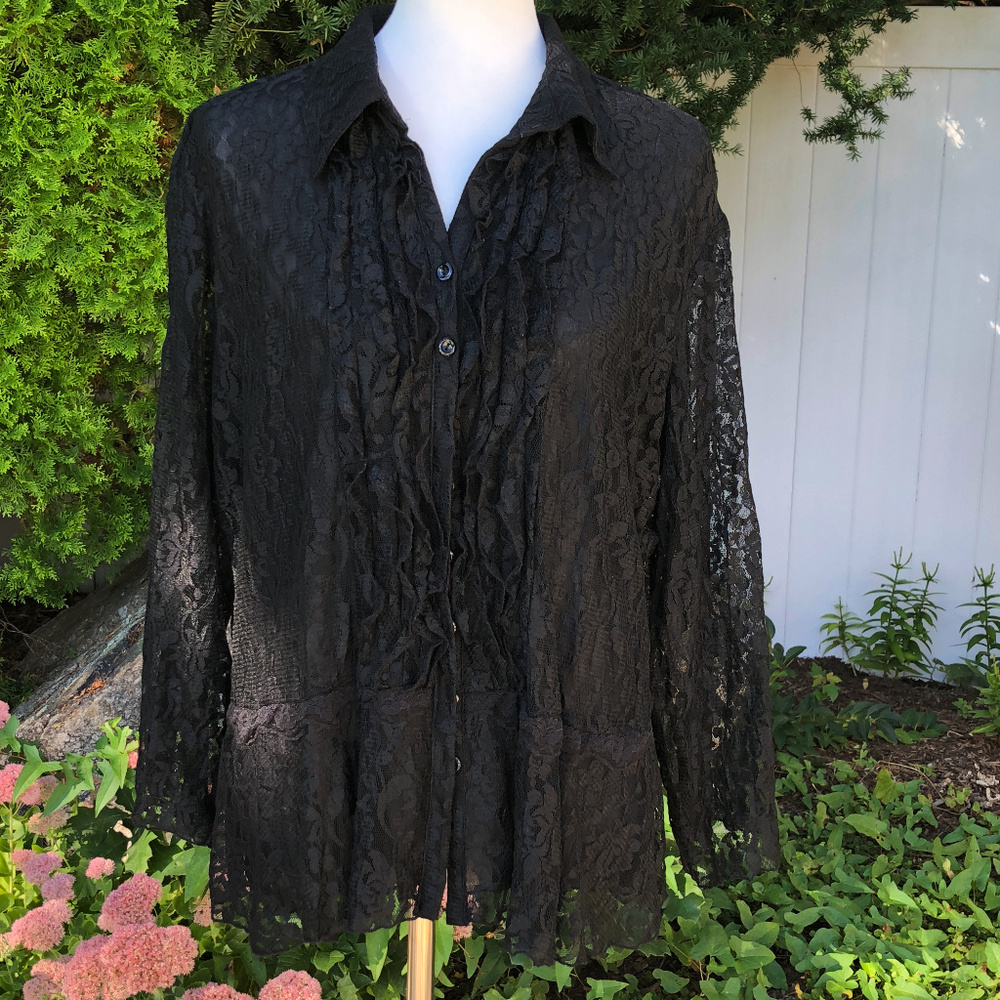Coldwater Creek Black Lace Button Down Top Size 1X